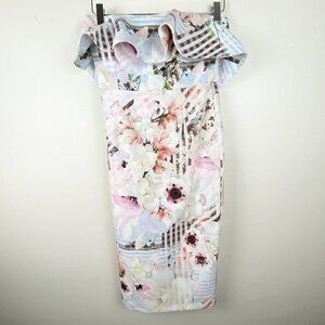 BARDOT | White Ivory Multi Floral Plaid Print Strapless Bodycon Midi Dress